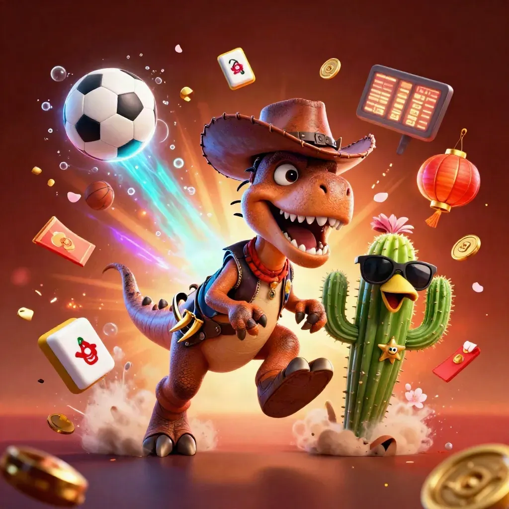 Cowboy T-Rex, cactus and roadrunner amid casino sports icons, glowing coins and blazing lights.