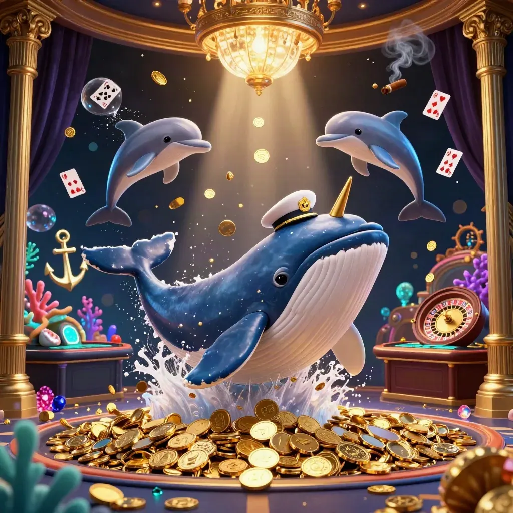 Whale captain, narwhal, and dolphins in a glowing casino treasure cove