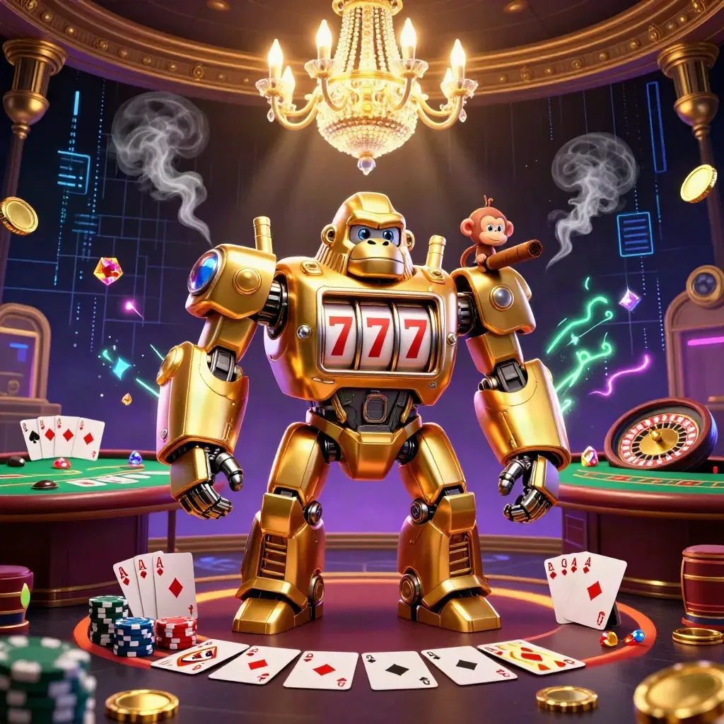 Golden gorilla mech and monkey pilot in a neon casino room with chips, cards, roulette, blue-lime glow