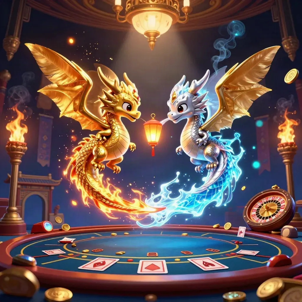 Twin gold and silver dragons with a lantern spirit in a neon casino temple scene.