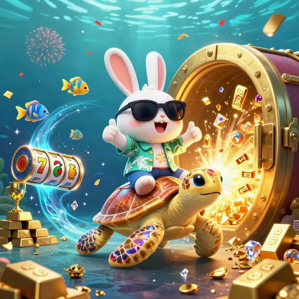 Lucky rabbit rides gem turtle as treasure bursts in neon underwater casino splash art