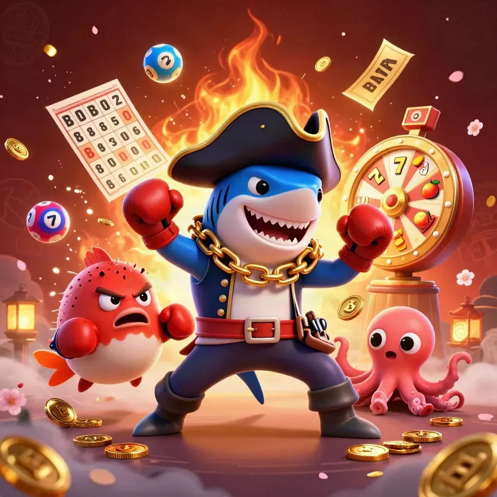 Pirate shark, boxing pufferfish, and juggling octopus amid casino bursts and glowing embers.
