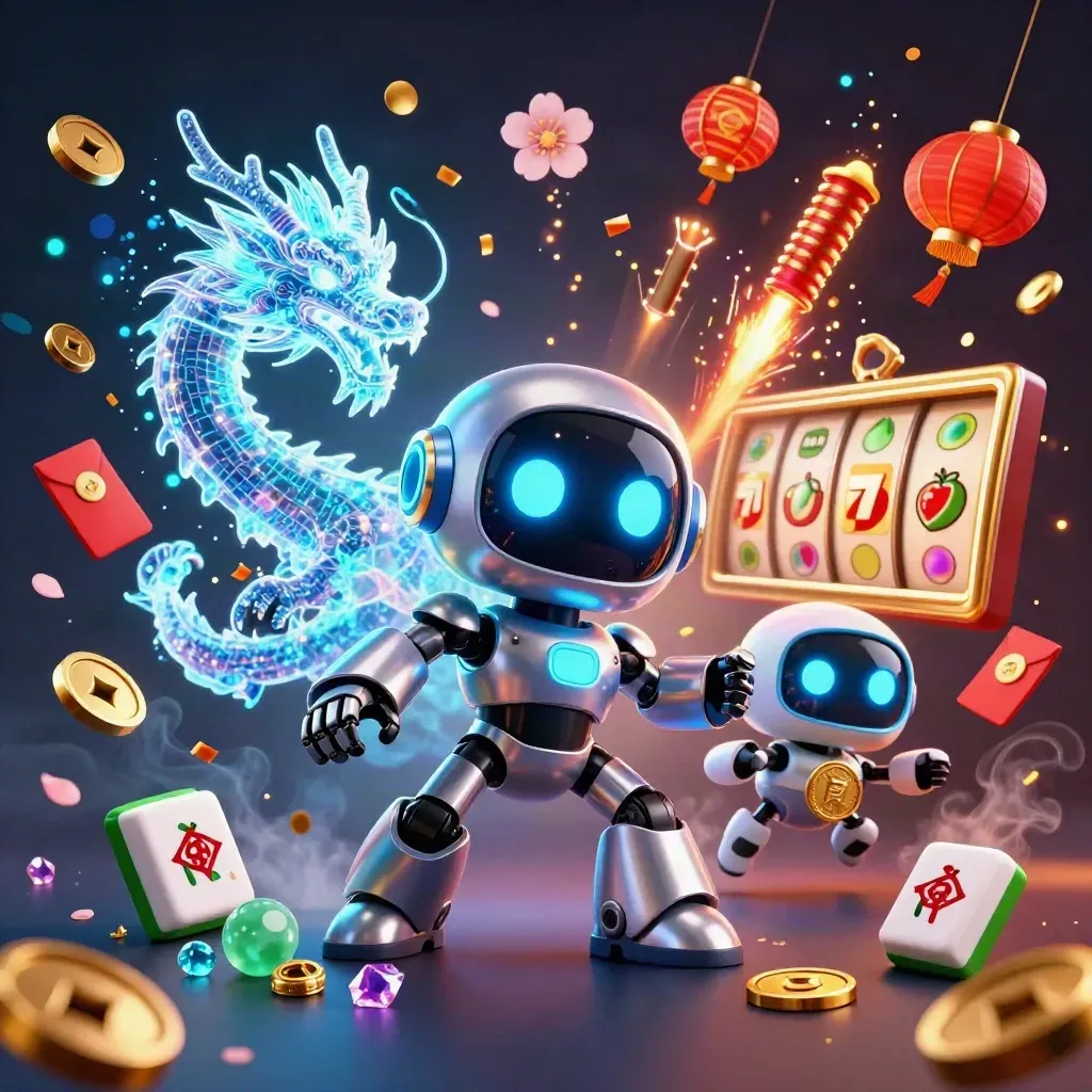 Cyberpunk robot, holographic dragon and coin drone amid casino treasures on a dark neon-blue burst.
