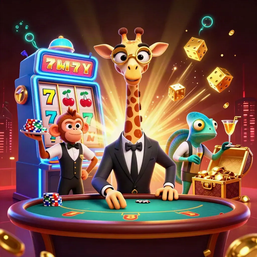 Giraffe, monkey, and chameleon casino crew amid bursting gold, dice, and neon light.