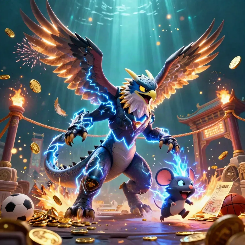 Thunder dragon, wind hawk, and mouse amid coins, fireworks, and casino sports props