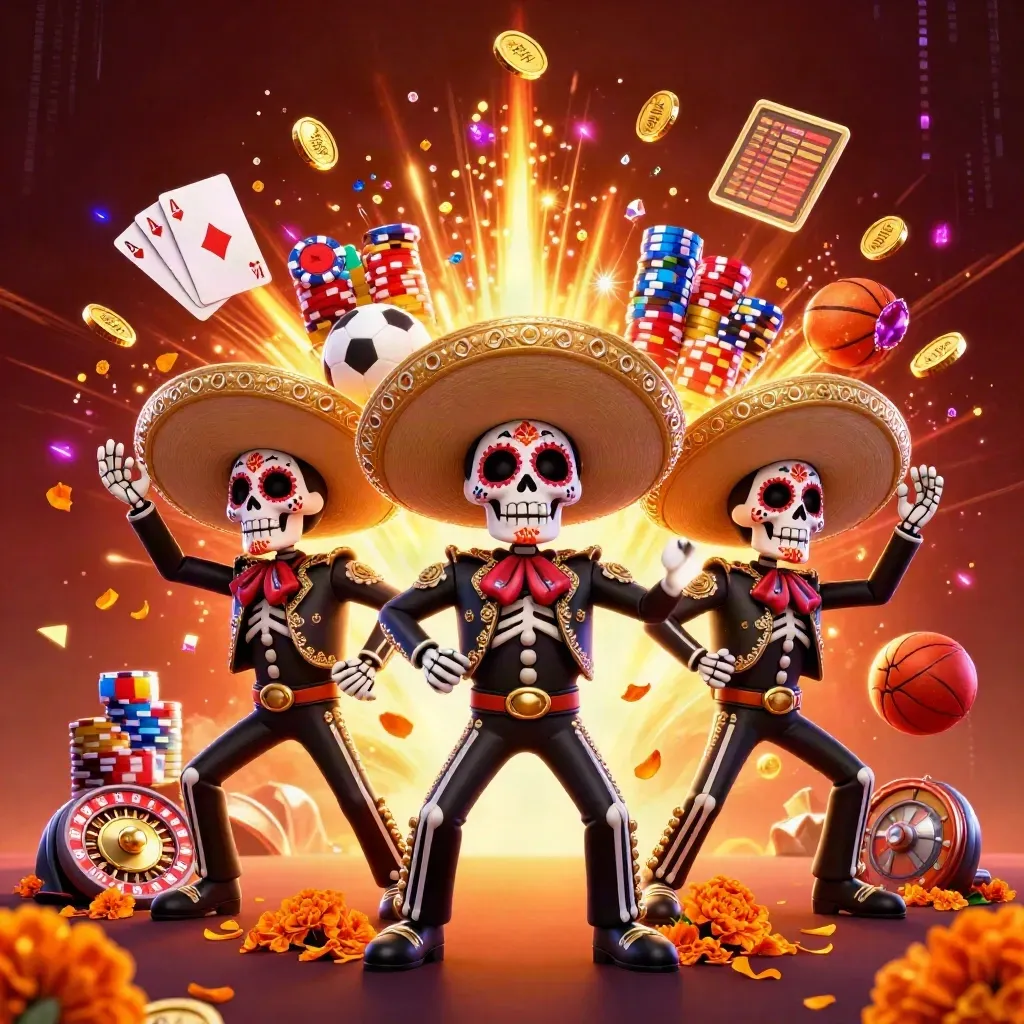 Skeleton mariachi trio amid gold coins, roulette wheel, chips, fireworks, and neon casino energy.