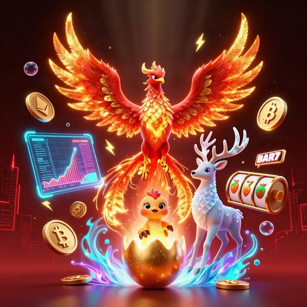 Fire phoenix, hatching baby phoenix, and crystal-antlered stag amid casino coins and lightning