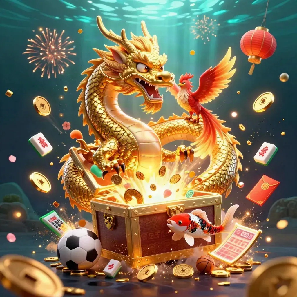 Golden dragon with phoenix and koi amid coins, lanterns, fireworks, and sports props.