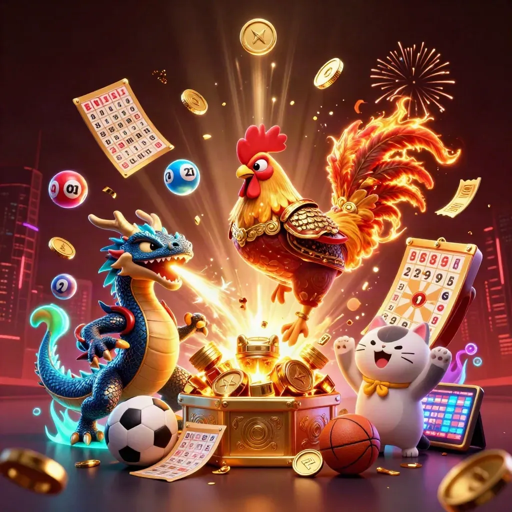 Rooster warrior, dragon hatchling, and fortune cat amid coins, fireworks, and casino game elements.