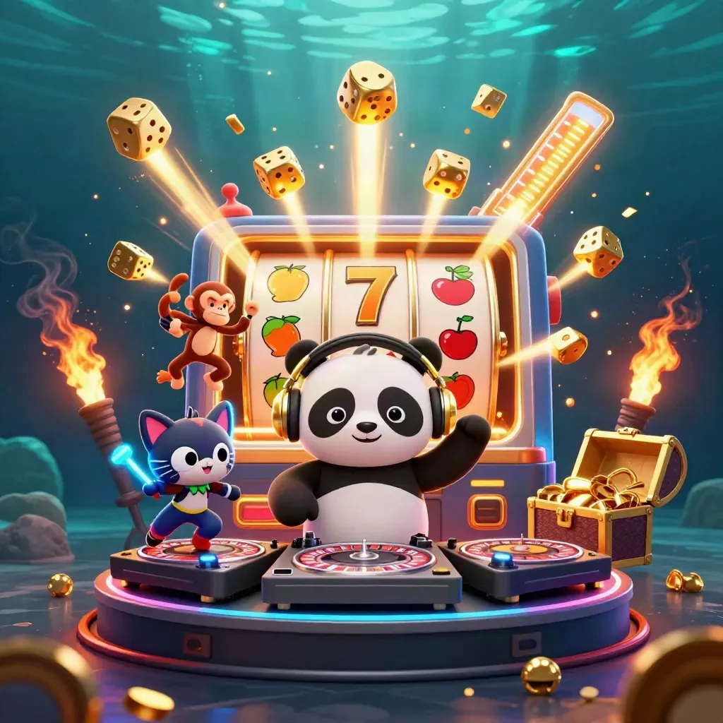 DJ panda, dancing monkey and rave kitten burst from a slot machine with gold and neon effects.
