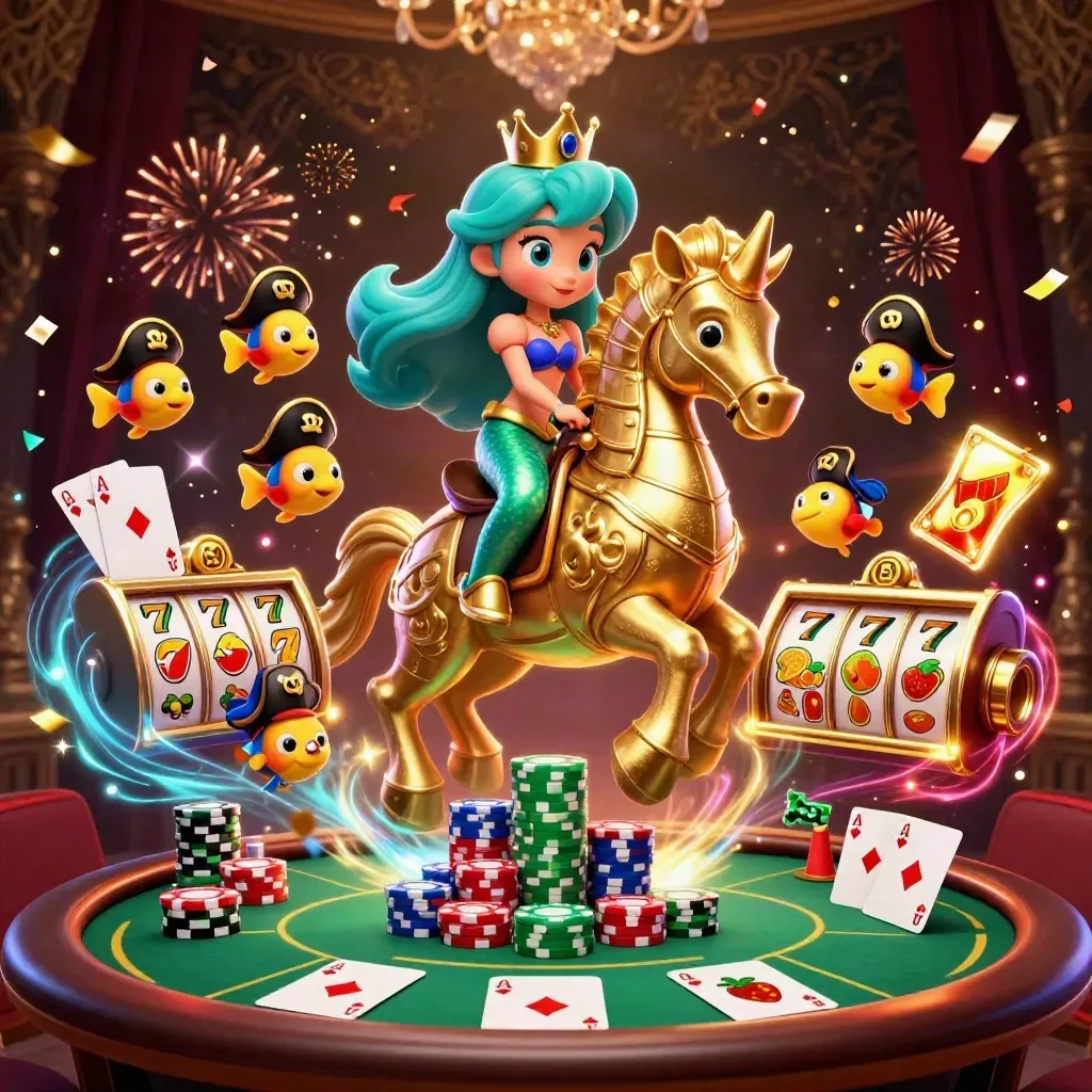 Mermaid princess on gold seahorse amid poker chips, cards, reels, confetti, and casino glow.