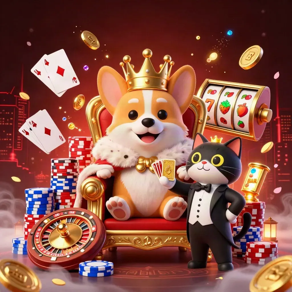 Royal corgi and cat butler amid casino chips, coins, roulette wheel, and glowing slot symbols.