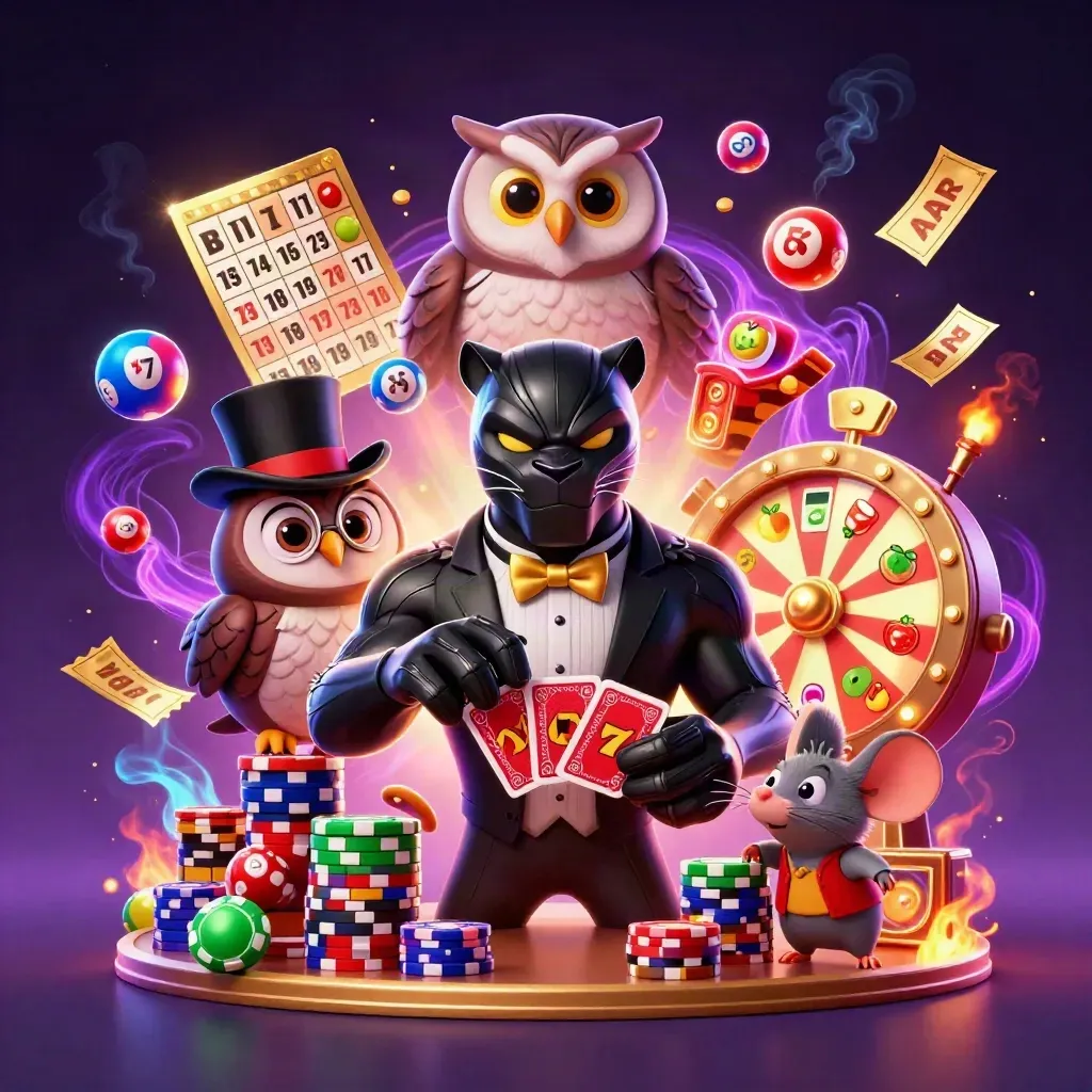 Panther, owl and mouse amid cards, chips, reels and gold sparks on a purple neon casino backdrop.