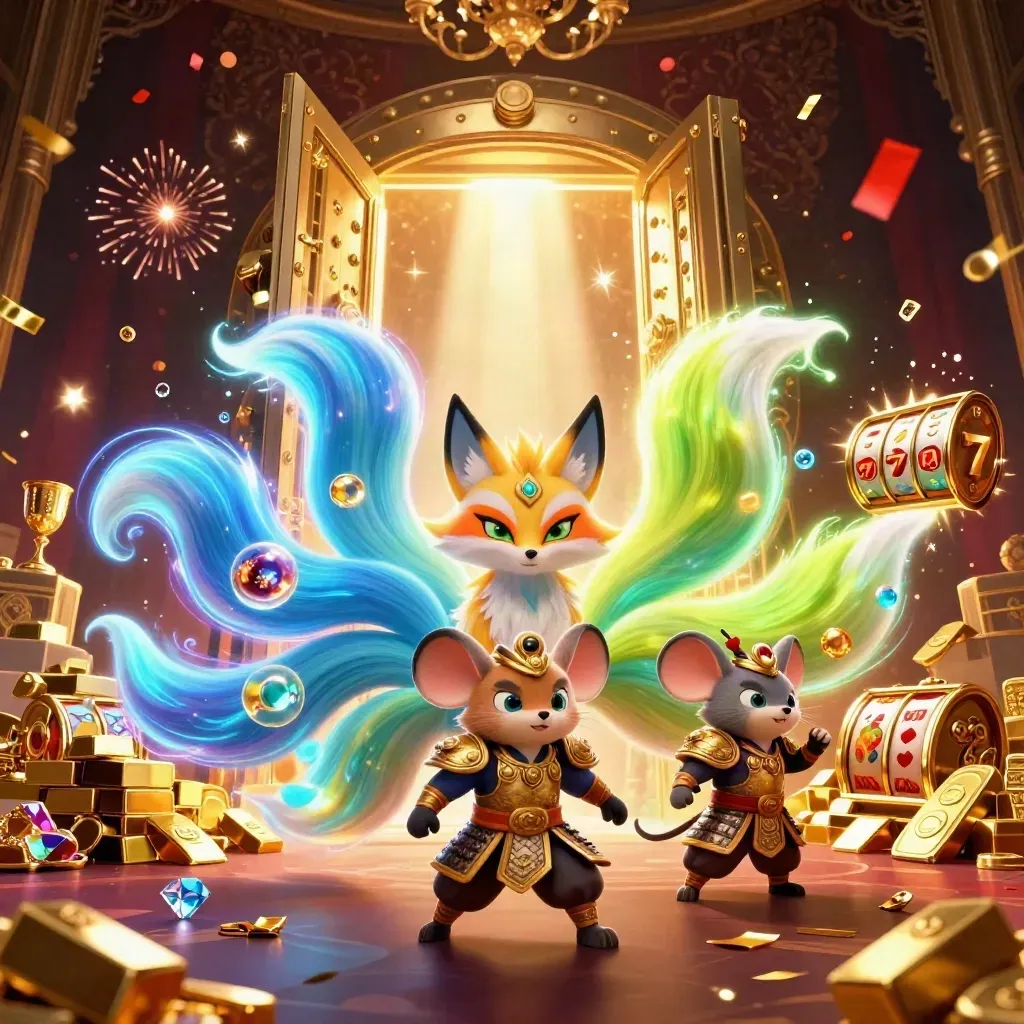 Fox spirit and golden mouse amid treasure, reels, sparks, and vault light in neon casino style