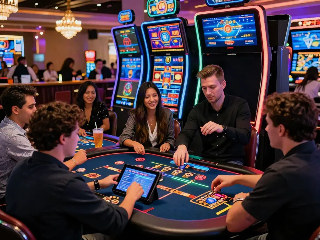 Online casinos that accept credit cards with players enjoying games in a lively casino environment.