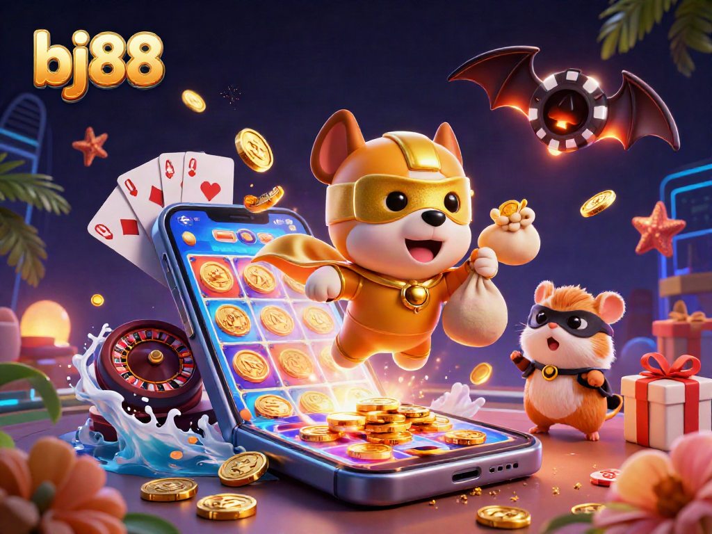 Experience thrilling gameplay with bj88 as a superhero dog flies with gold coins and casino elements.