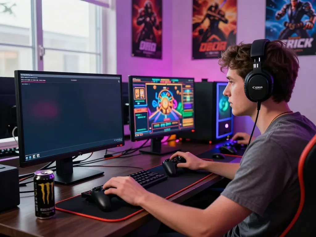 Young adult engaged in online gaming on dual screens, showcasing excitement around akunjp gaming.