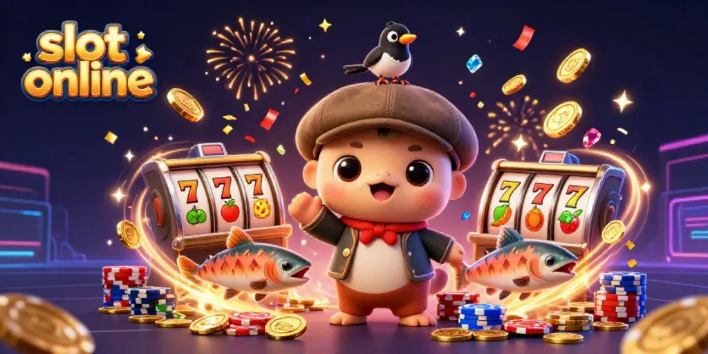Experience the thrill of slot online with cartoon characters and vivid casino elements.