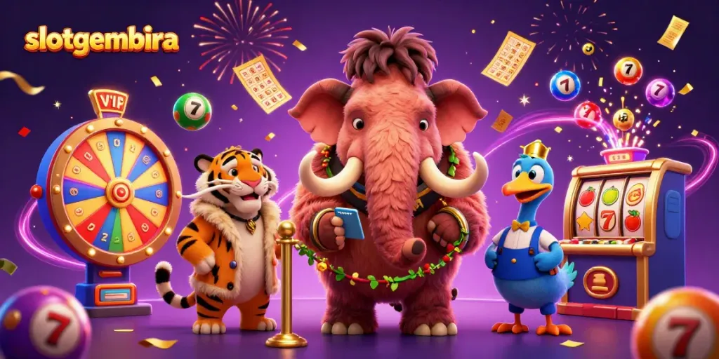 Engage with slotgembira's vibrant casino scene featuring a mammoth bouncer and dynamic prize elements.