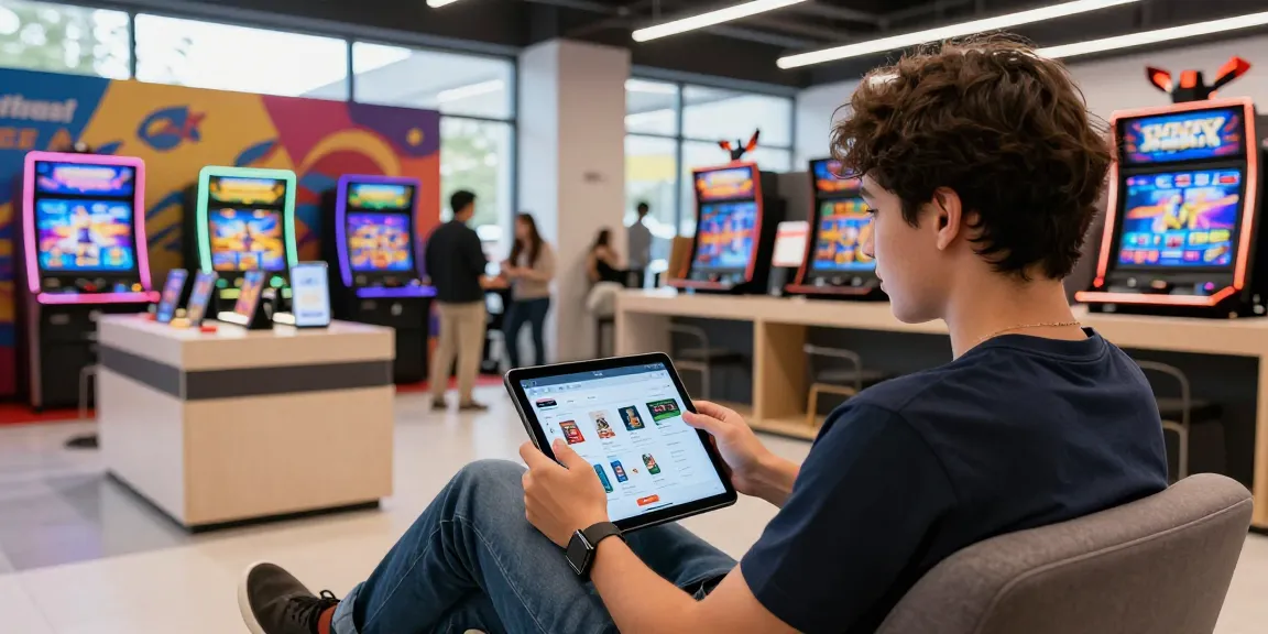 Customer exploring slot game options on a tablet in a modern retail space