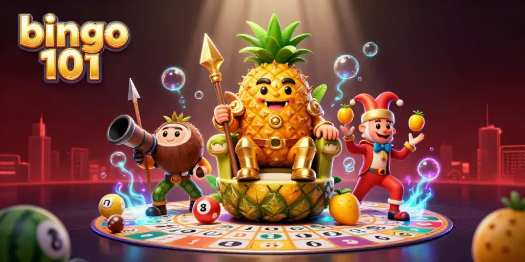 Bingo 101 app featuring a golden pineapple king, bingo cards, and colorful elements creating an engaging gaming experience.