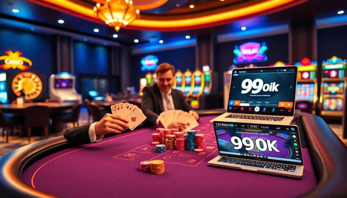 Experience thrilling baccarat gameplay at 99ok with vibrant cards and chips in a luxurious casino setting.