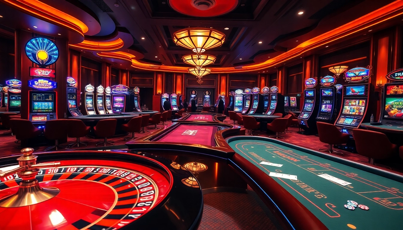 Join the excitement of k88win with a vibrant casino scene showcasing roulette wheels and slot machines.