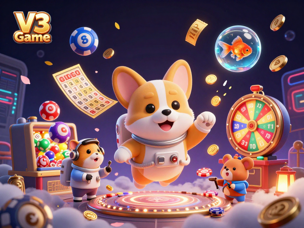 Experience vibrant gaming excitement with V3 Game in a dynamic space casino illustration.