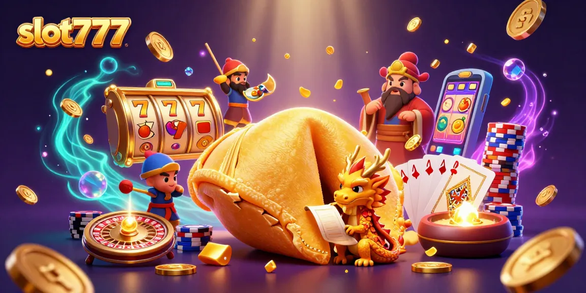 Experience the excitement of slot777 with a vibrant 3D illustration featuring a golden fortune cookie and dynamic game elements.