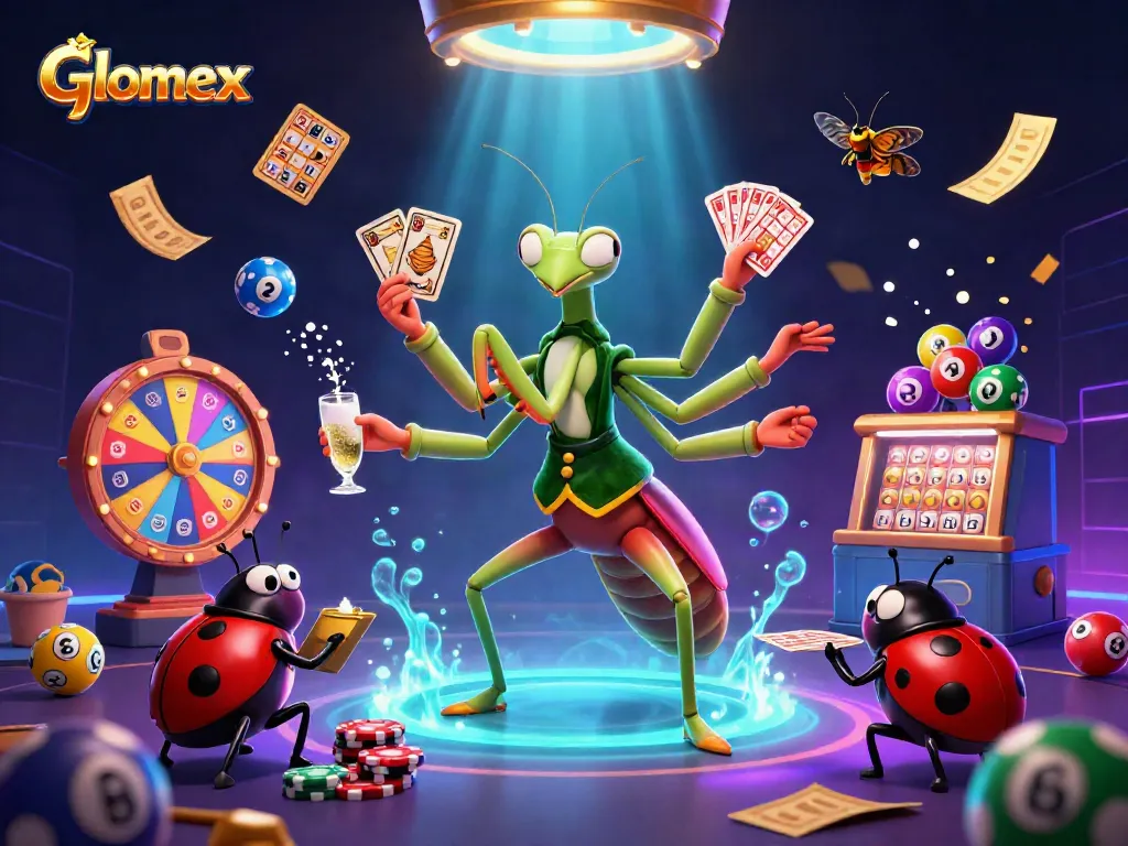 Glomex celebrates vibrant gambling energy with a dynamic scene featuring a mantis dealer and colorful game elements.