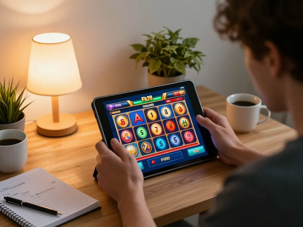 Engaging with FAFA 828 online slots on tablet in a cozy home setting.