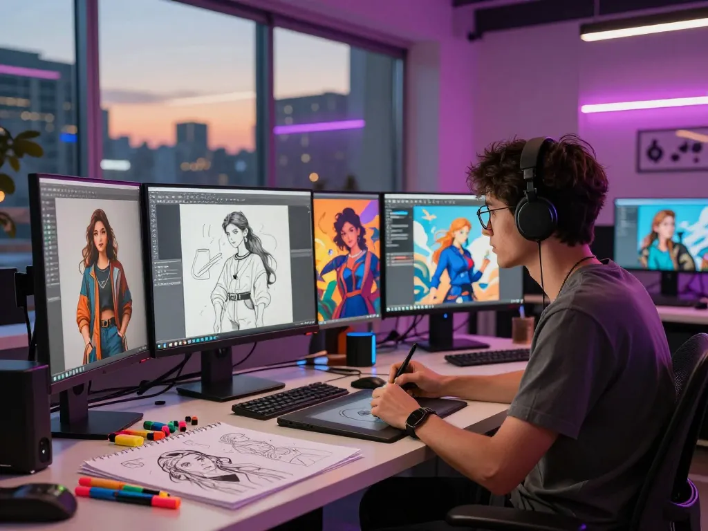 Creating ai nsfw illustrations in a vibrant digital art studio filled with technology.