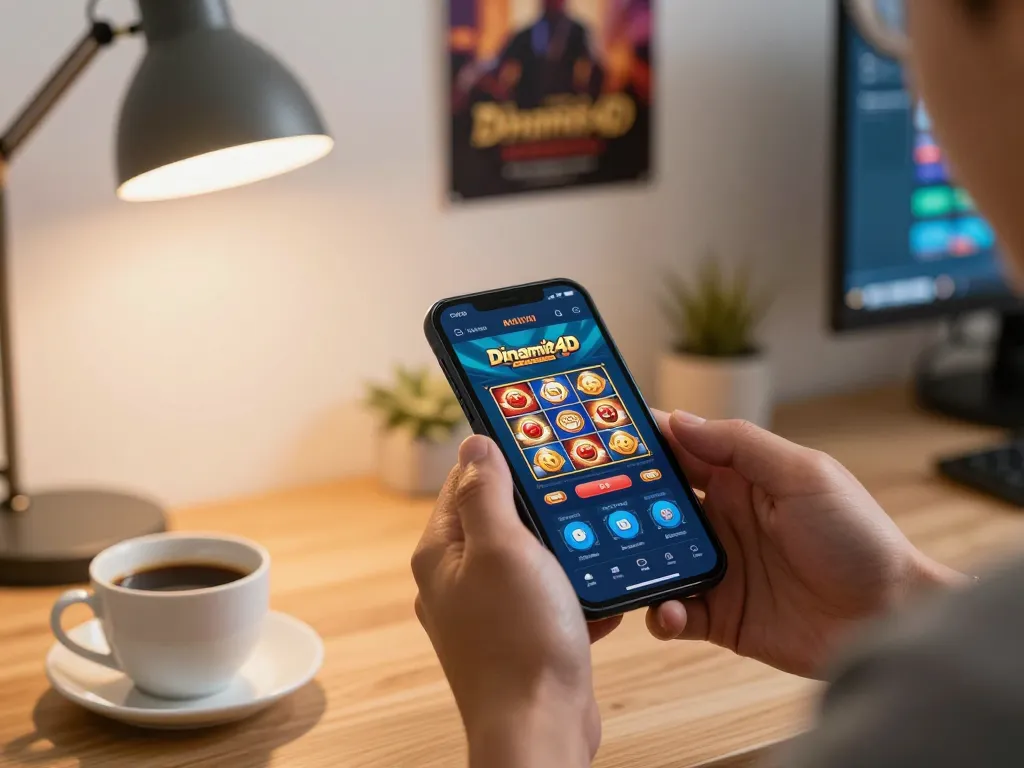 Person enjoying mobile gambling on Dinamit4D app inside a cozy home setting