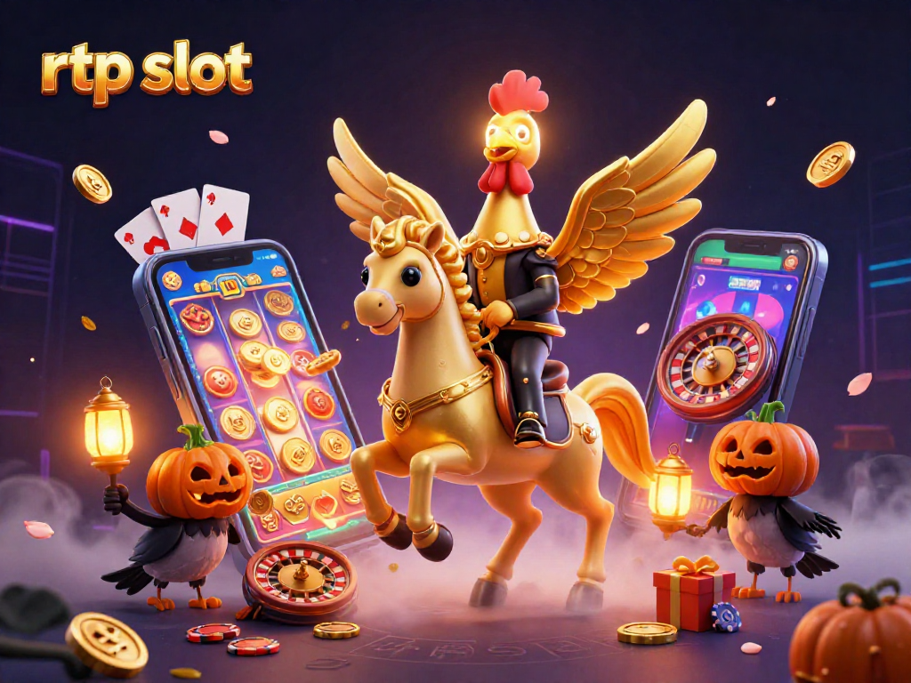 Engage with rtp slot action as a golden rooster rides through a vibrant casino scene.
