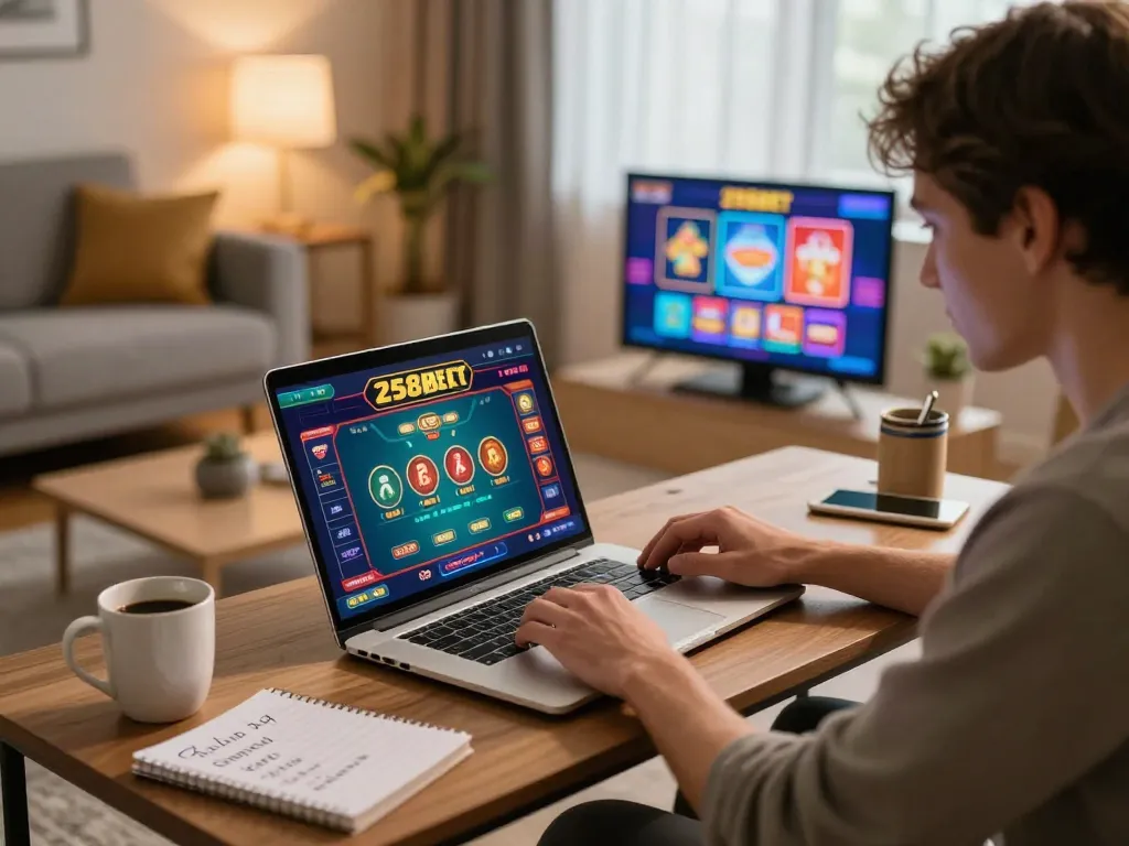Engaging in strategic online gameplay at 258bet casino from home, featuring a bright laptop display