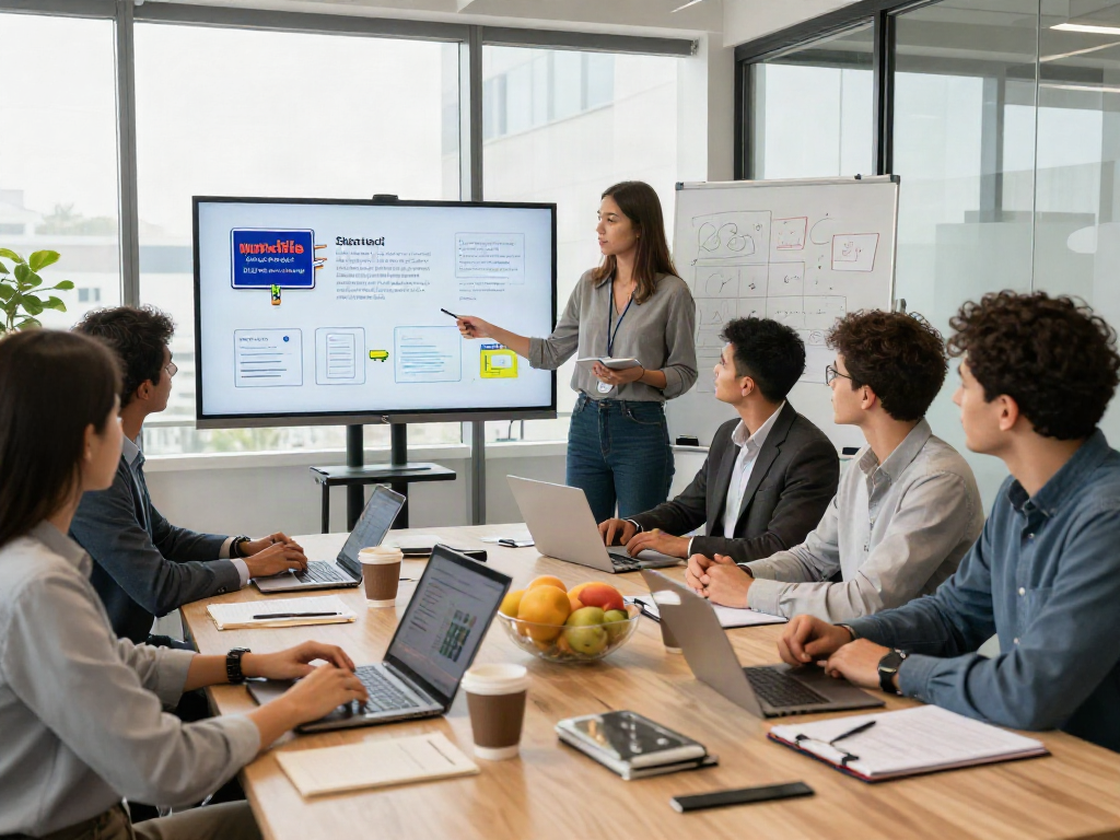 Team in a meeting discussing innovative marketing strategies using slot concepts.