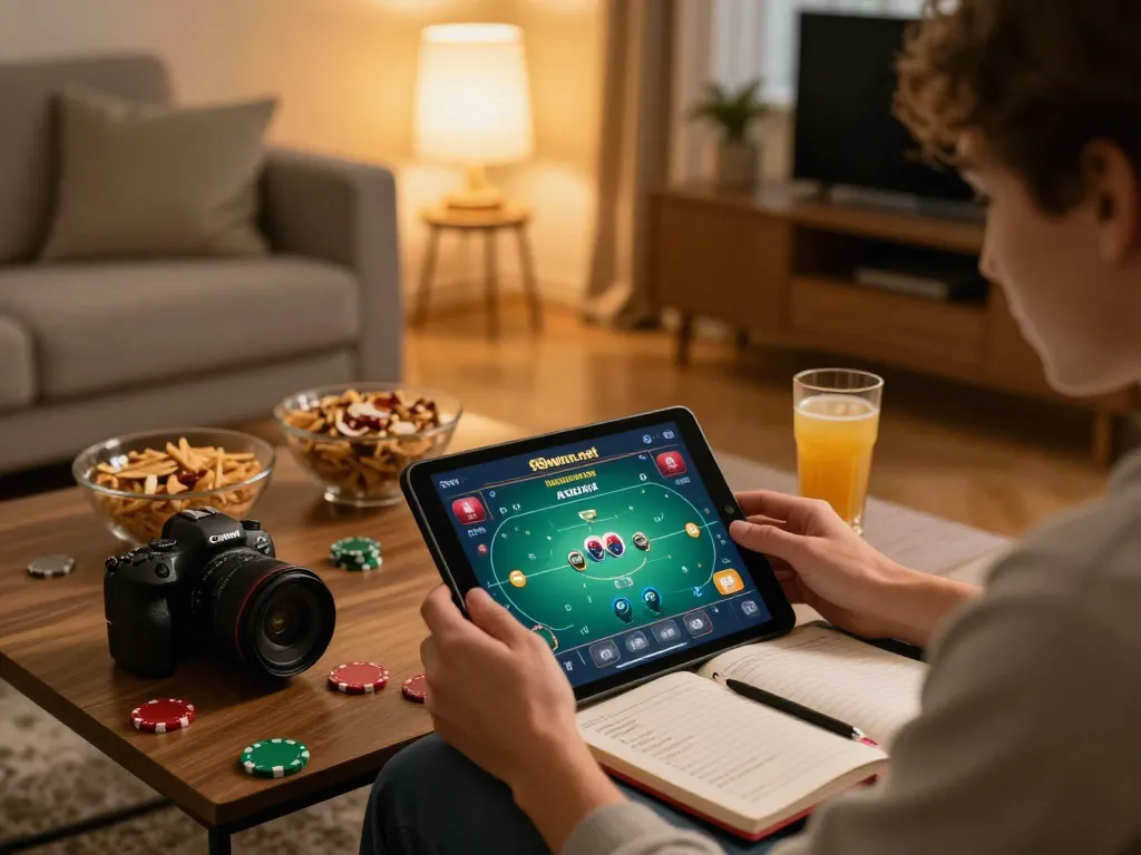 Engaging home gambling experience at https://98winn.net/ with a player strategizing during an online poker game on a tablet.