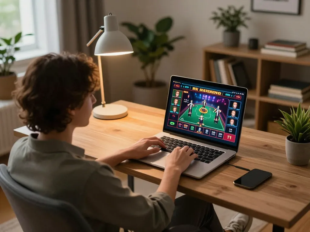 Engaging in online gambling at home with BK8's dynamic gaming interface displayed on a laptop, showcasing a modern and cozy atmosphere.