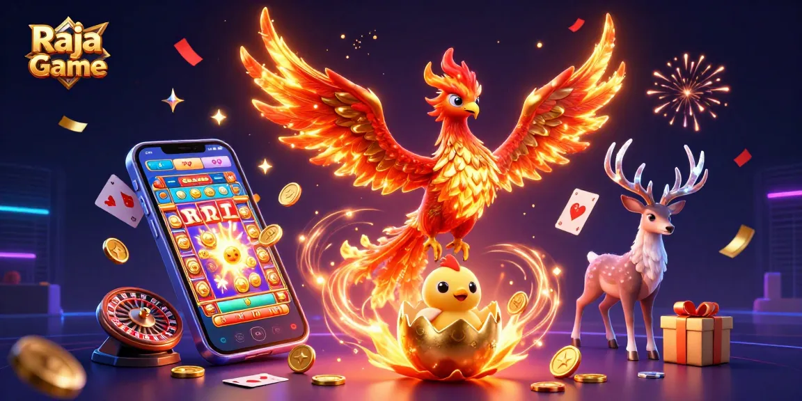 Play exciting games on Raja Game featuring a soaring fire phoenix and dynamic casino elements.