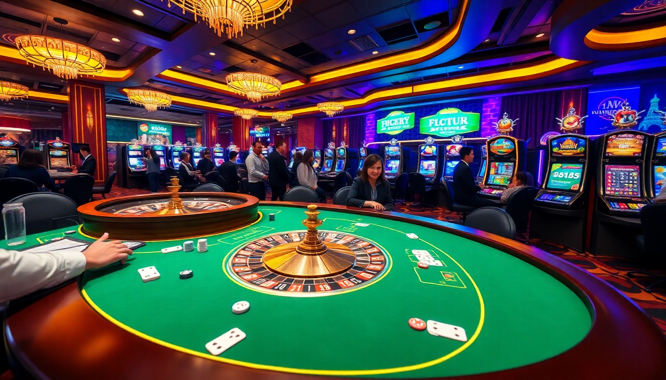 Experience the thrill of online gaming with king88b.us.com in an exciting casino environment featuring poker and slot machines.