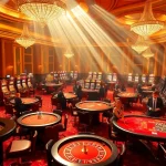 Sunwin players strategizing at a luxury casino table, featuring roulette and poker games.