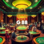 Exciting casino scene showcasing Trang Chủ GO88 with players at poker and roulette tables, celebrating wins.