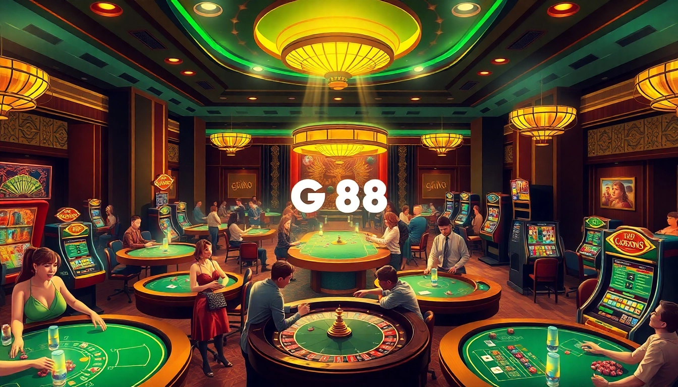 Exciting casino scene showcasing Trang Chủ GO88 with players at poker and roulette tables, celebrating wins.