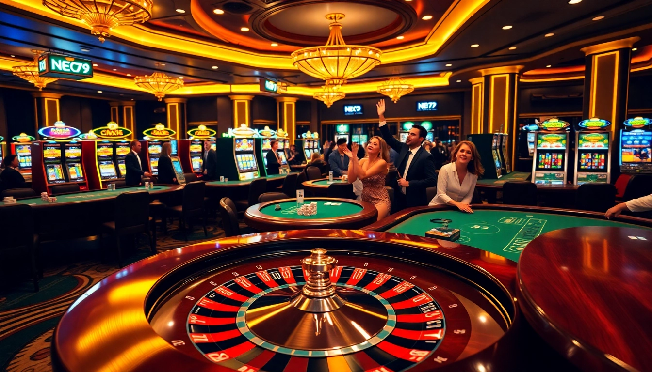 NEO79 casino scene with vibrant players at poker tables and roulette wheels.