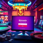 Đăng ký Bomwin with vibrant casino visuals showcasing tables, roulette, and poker chips.