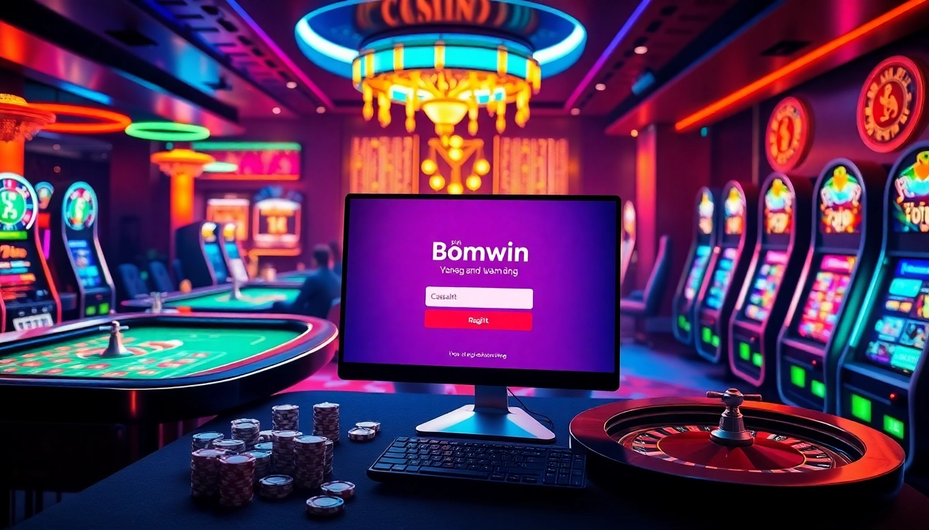 Đăng ký Bomwin with vibrant casino visuals showcasing tables, roulette, and poker chips.
