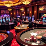F8bet gamblers enjoying a vibrant casino atmosphere with poker tables and slot machines.