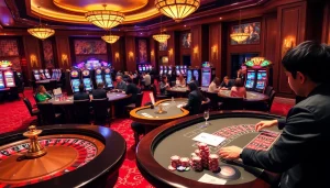 F8bet gamblers enjoying a vibrant casino atmosphere with poker tables and slot machines.