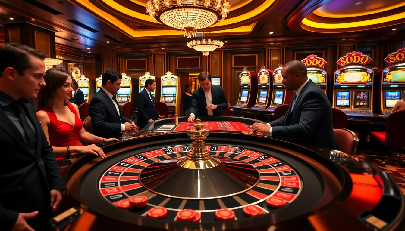 Experience vibrant SODO casino excitement with players at roulette and dazzling slot machines.