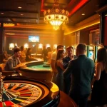 Adegan kasino yang mendebarkan menampilkan para penjudi yang menikmati permainan 'datukwin' dengan meja roulette dan poker yang berwarna-warni.